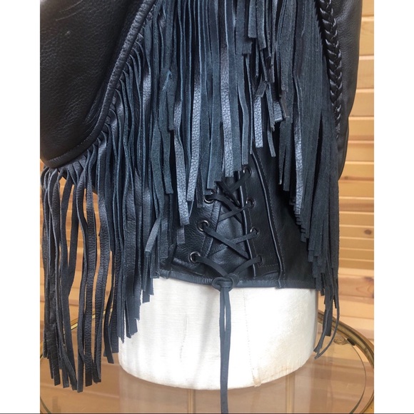 Vintage Echtes Leder Leather Moto Fringe Jacket w/ Red Roses Sz Small - Picture 3 of 7